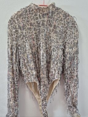 Fashion Nova Beige and Silver Sequin Fringe Bodysuit Top